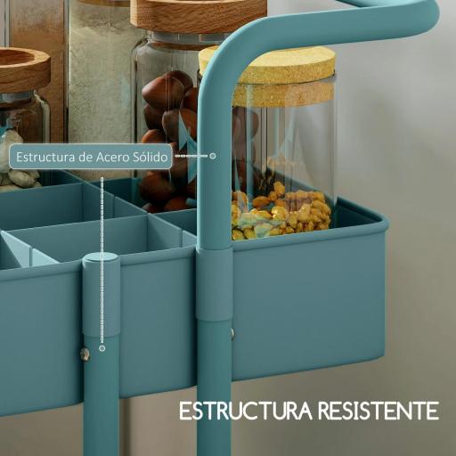 Carrito Auxiliar con Ruedas Carro de Almacenaje Multifuncional con Ganchos y Cajas Colgantes 42x38x86,5 cm Azul Verdoso [4]