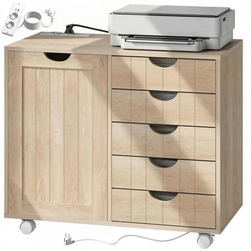Mueble para Impresora con Estación de Carga y Ruedas 5 Cajones Puertos USB Estante Ajustable Natural [8]