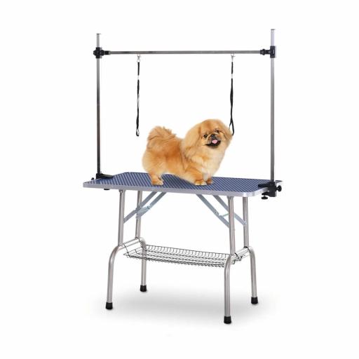Mesa de Peluquería Canina Plegable, Mesa de Aseo con Cesta de Rejilla Metálica, Encimera Antideslizante, Barra de Acero Inoxidable Ajustable, para Perros, Gatos, 107x60x164 cm, Azul [8]