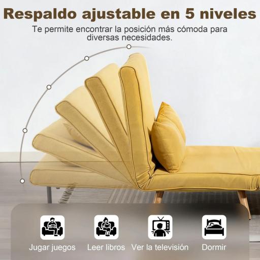 Sofá Cama de 2 Plazas Plegable Sofá Cama Tapizado en Lino con Respaldo Ajustable 5 Posiciones 2 Almohadas Amarillo [3]