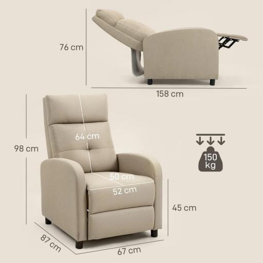 Sillón Relax Reclinable Manual hasta 155º Apertura Push con Reposapiés Respaldo Alto Acolchado Grueso Beige [1]