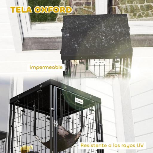Jaula para Gatos Exterior e Interior Metálica con Cubierta Impermeable Perchas Hamaca y Puerta 61,5x55x157 cm Negro [4]