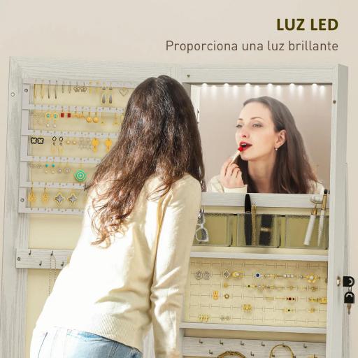 Armario Joyero con Luces LED y Cerradura Espejo Integrada Blanco con Veta de Madera [2]
