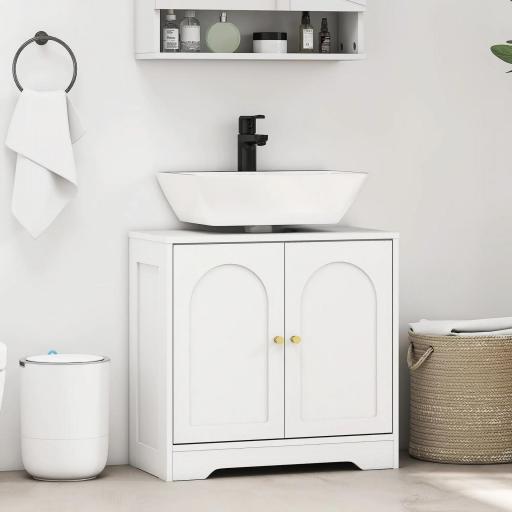 Mueble bajo Lavabo con 2 Puertas con Diseño de Arco Estante Ajustable Tiradores Dorados 60x30x65 cm Blanco