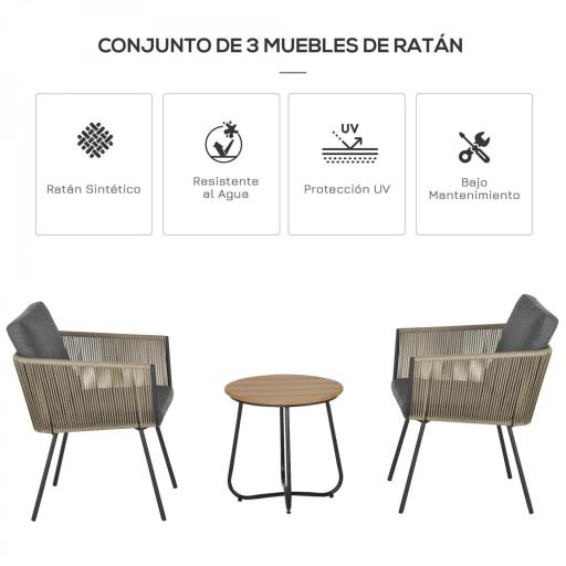 Conjunto de Muebles de Jardín Juego de 3 Piezas Muebles de Ratán 1 Mesa Redonda y 2 Sillas Butaca con Cojines Acolchados para Balcón Terraza Acero Caqui y Gris [2]