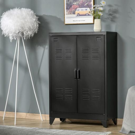 Armario Metálico con Doble Puerta y 2 Baldas Ajustables Mueble Multiusos para Oficina Salón Dormitorio 75x33x110cm Negro