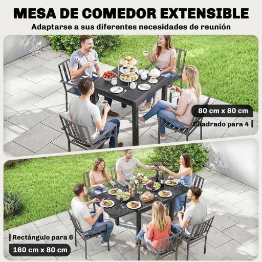 Mesa de Comedor Exterior Extensible 80/160 cm para 4-6 Personas de Aluminio con Tapa de Listones Efecto Madera Negro [7]