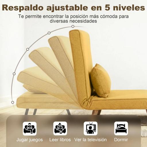 Sofá Cama Individual Plegable con Respaldo Ajustable 5 Posiciones Sillón Cama Tapizado con Cojín 72x75x85 cm Amarillo [5]