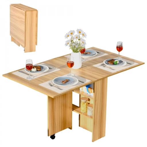 Mesa de Comedor Plegable con Ruedas Mesa Auxiliar Multifuncional con Alas Abatibles y Estantes 140x80x74cm Madera [9]