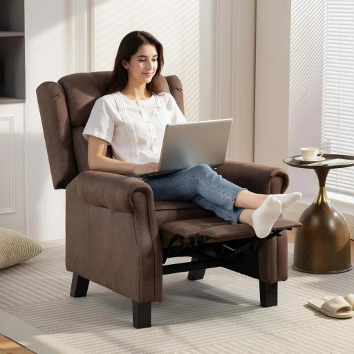 Sillón Relax Reclinable Manual hasta 155º Apertura Push con Reposapiés Respaldo Alto Acolchado Grueso Marrón [0]