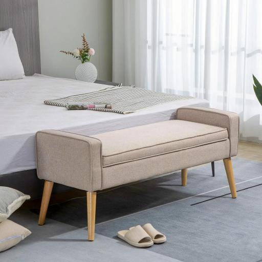 Baúl de Almacenaje Tapizado en Lino con Tapa Abatible y Patas de Madera para Dormitorio Salón 20x45x54 cm Beige