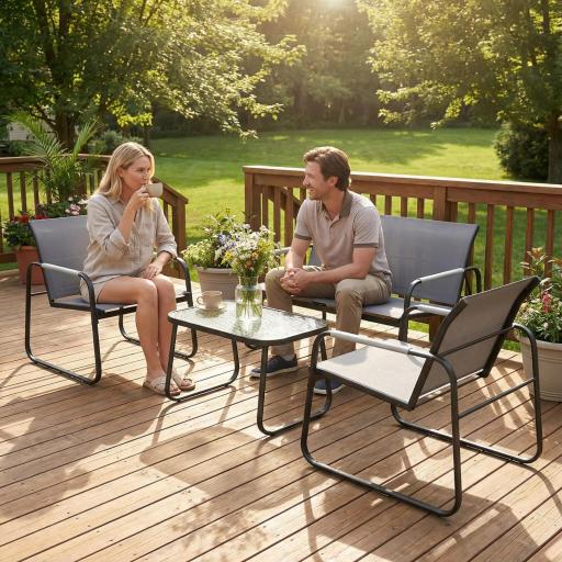 Conjunto de Jardín Exterior con 1 Sofá de 2 Plazas 2 Sillones y Mesa de Vidrio Templado Textilene Transpirable Gris [5]