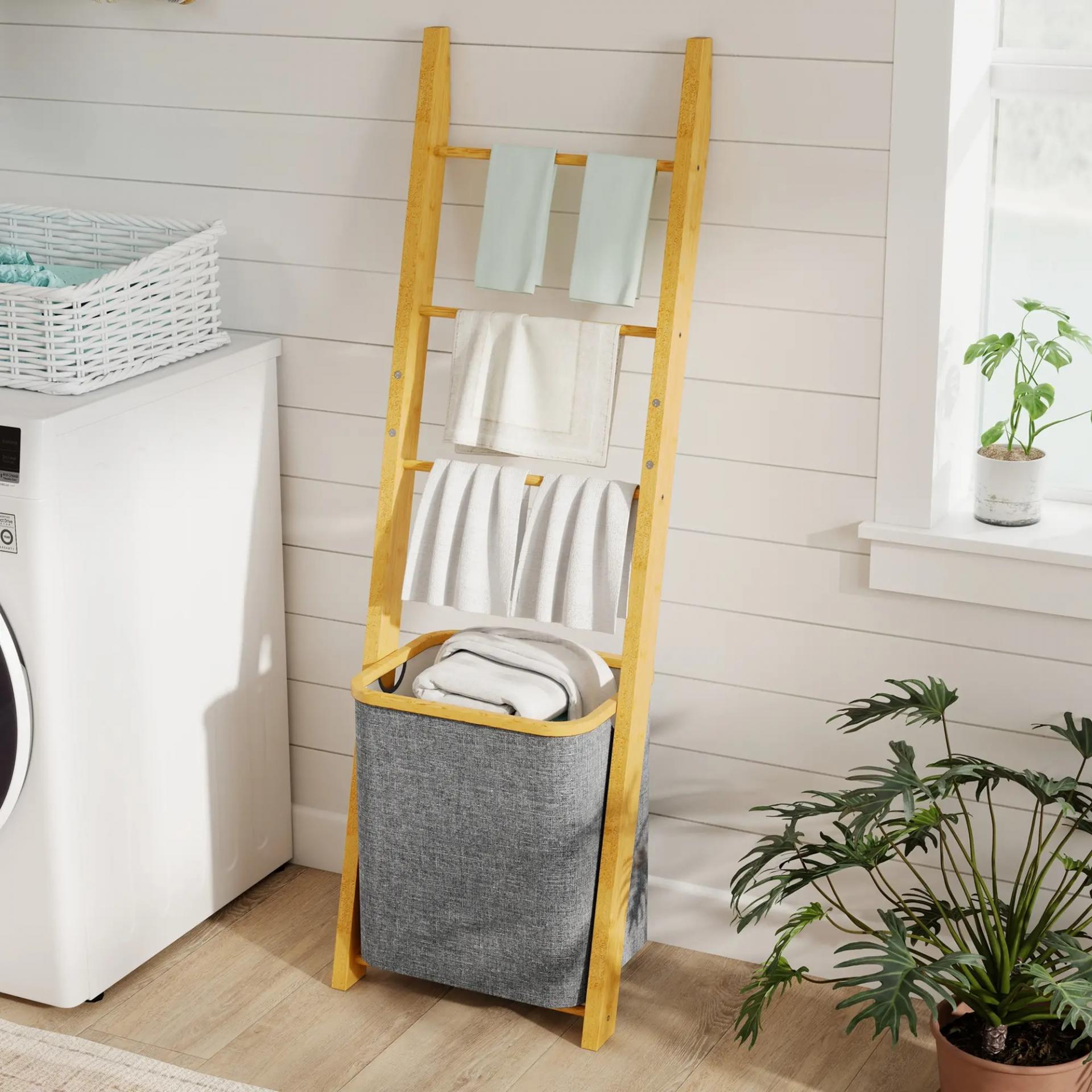 Estantería para Baño de Bambú Toallero de Pie con 3 Barras Cesto para Ropa Sucia Extraíble de 48 L Gris