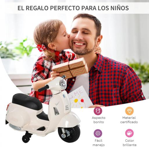 Motocicleta Infantil con Faro Bocina y 4 Ruedas Moto Eléctrica Vespa para Niños con Licencia 66,5x38x52 cm Blanco [3]