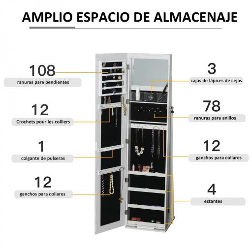 Espejo Joyero de Pie Armario Joyero con Luces LED y Cerradura Armario de Joyas con Espejo Integrada para Dormitorio Blanco con Veta de Madera [4]