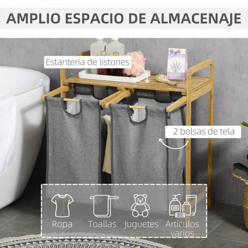Cesto de Ropa Sucia de Bambú Cesto para la Colada con 2 Bolsas Extraíbles y Estante para Baño 63,5x33x73 cm Natural y Gris [2]