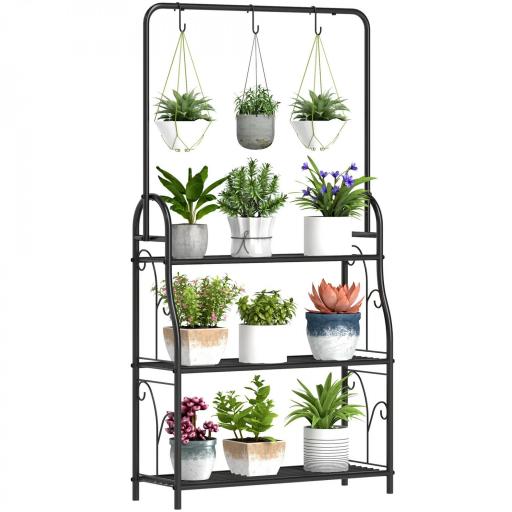Estantería para Plantas de 3 Niveles con Ganchos de Metal Barra para Colgar para Interior y Exterior Negro [9]