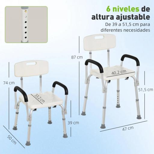 Silla de Ducha para Personas Mayores con Respaldo Altura Regulable Antideslizante y Apoyabrazos Carga 136 kg [2]