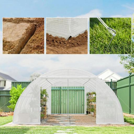 Invernadero de Túnel con 2 Varillas de Soporte 2 Puertas Enrollables y Ventanas de Malla Cubierta de PE Anti-UV Blanco [6]