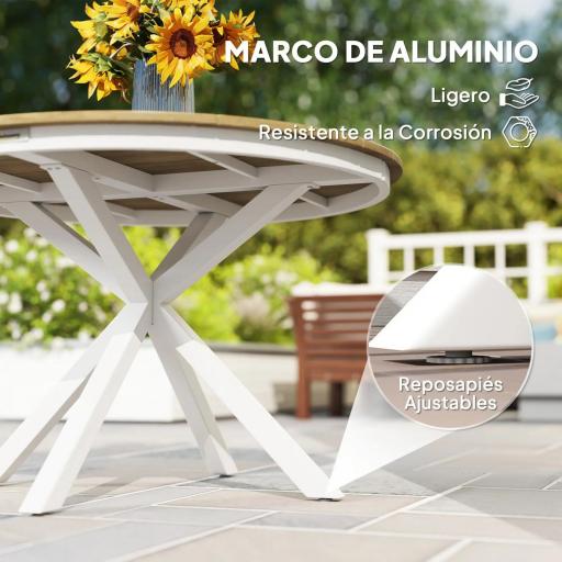 Mesa de Jardín Redonda de Ø118x74cm con Encimera de Lamas Estructura de Aluminio y Patas Cruzadas Teca y Blanco [5]