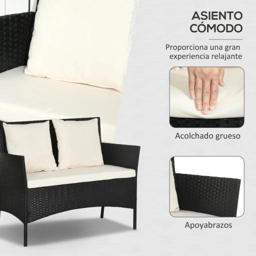 Conjunto de Jardín de Ratán Sintético con 2 Sillones 1 Sofá de 2 Plazas 1 Mesa de Centro y Cojines Negro y Crema [3]