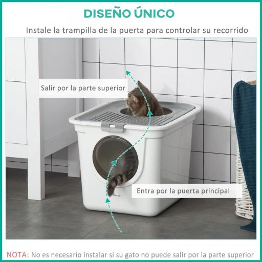 Arenero para Gatos Cubierto con Pala Inodoro para Gatos con 2 Puertas Principal y Superior 44x55x39 cm Blanco y Gris [7]