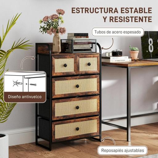 Cómoda para Dormitorio con 5 Cajones con Frentes de Ratán y Marco de Acero 58x29x99 cm Marrón Rústico [6]
