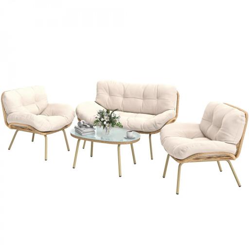 Conjunto de Muebles de Jardín de Rattán de 4 Piezas con Cojines Sofá 2 Sillones y Mesa de Centro Beige [9]