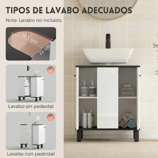 Mueble Bajo Lavabo con 2 Puertas y Estante Ajustable para Lavabo con o sin Pedestal 60x34x70 cm Blanco Brillo [7]