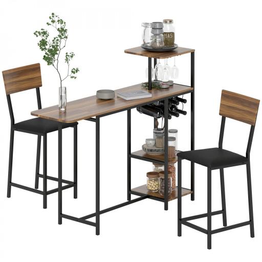 Conjunto de Mesa de Bar con Laterales Abatibles Soporte para Vinos y 2 Taburetes de Estilo Industrial Marrón y Negro [8]