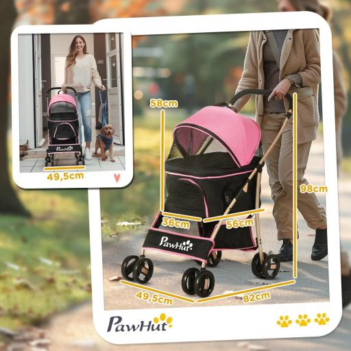 Carrito para Perros Pequeños 3 en 1 con Vagón Desmontable Cesta de Almacenaje Correas de Seguridad y Cojín Rosa [6]