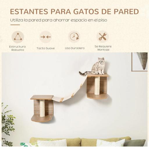 Estantes de Pared Gatos Escaleras de Tela para Gatos con Plataformas y Postes Rascadores de Sisal Centro de Actividades de Escalada 129x40x31,5 cm Marrón Claro [3]