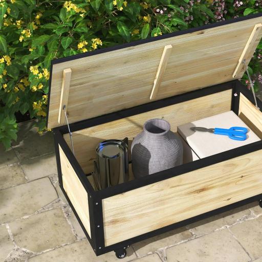 Baúl de Exterior de Madera con 4 Ruedas para Jardín Patio Balcón 100x50x43 cm Natural y Negro [5]