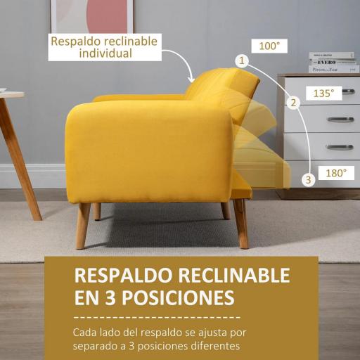 Sofá Cama de 3 Plazas Moderno 173x75x73 cm Sofá Cama Plegable Tapizado en Lino Sintético con Respaldo Ajustable en 3 Niveles y Reposabrazos Desmontables para Salón Oficina Amarillo [5]