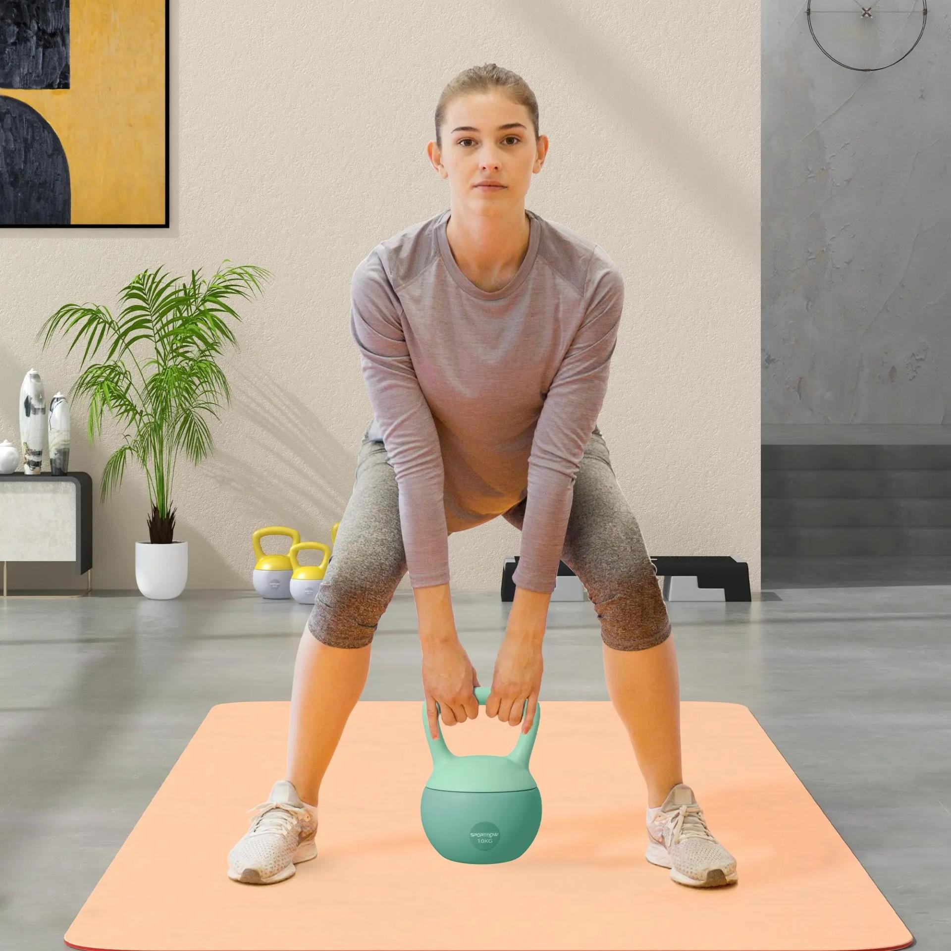 Pesa Rusa 10 kg Kettlebell Relleno de Arena Metálica y Mango Antideslizante para Entrenamiento en Casa 21x21x30 cm Verde