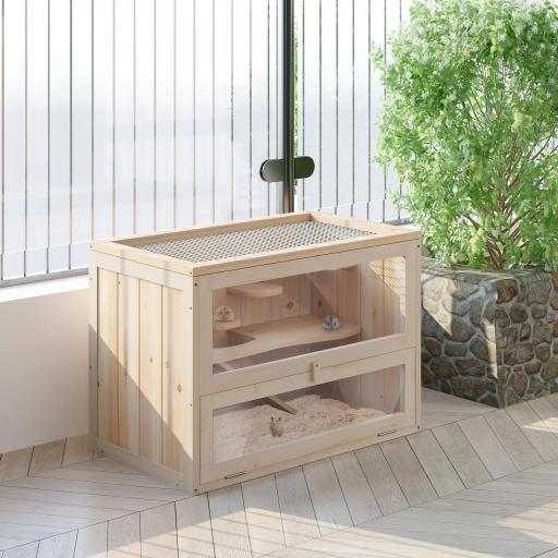 Jaula para Hámster de Madera de 2 Niveles Casa para Animales Pequeños con Plataformas Escaleras 60x35x42 cm Madera Natural [0]