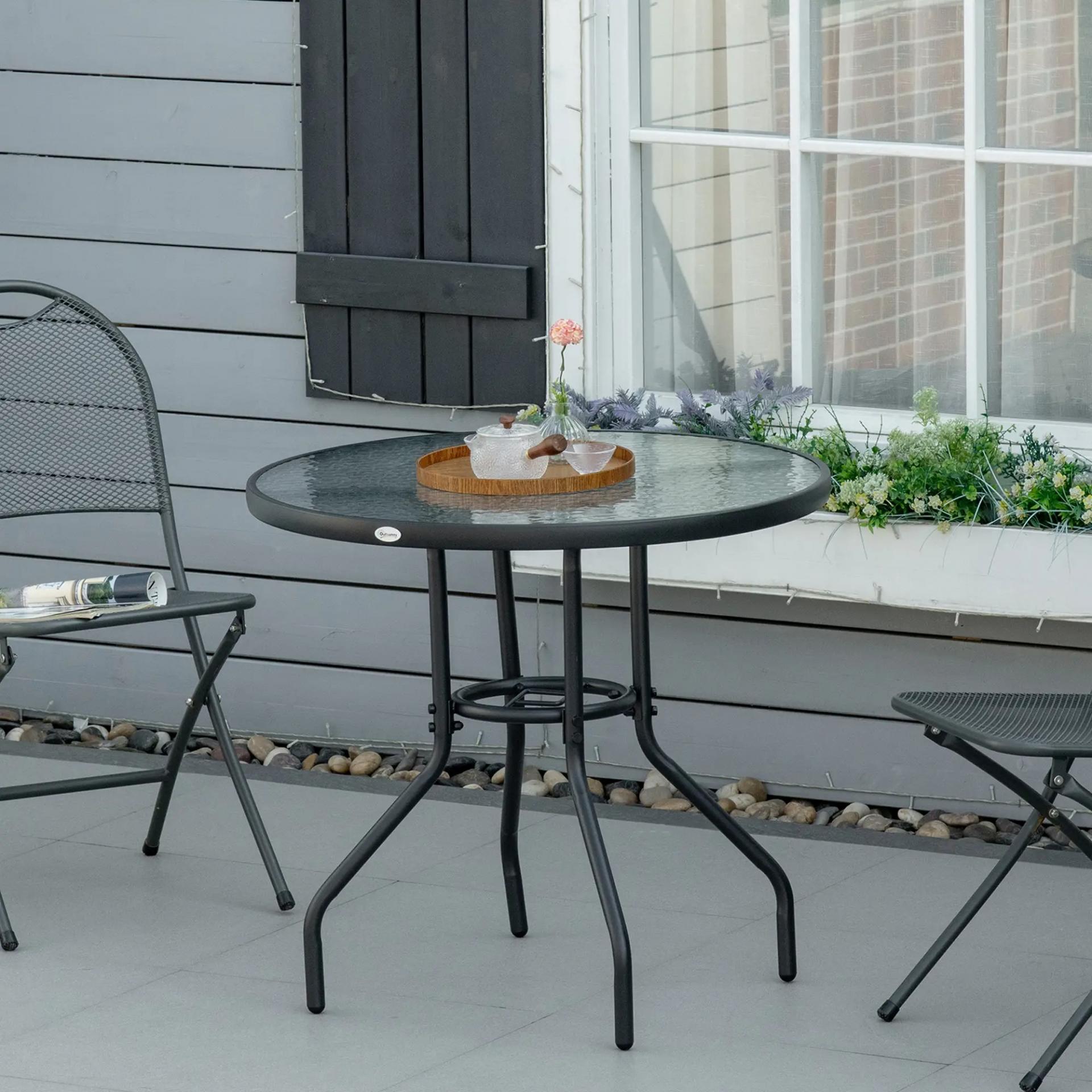 Mesa de Exterior Ø80x72 cm con Agujero para Sombrilla y Encimera de Vidrio Templado para Patio Terraza Negro