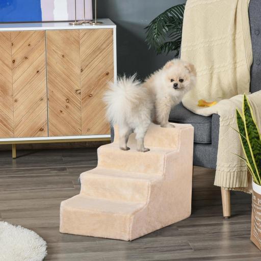 Escalera para Mascotas de 4 Peldaños 2 en 1 con Funda Extraíble y Lavable Escalera Rascadora de Perros 60x35x44 cm Beige