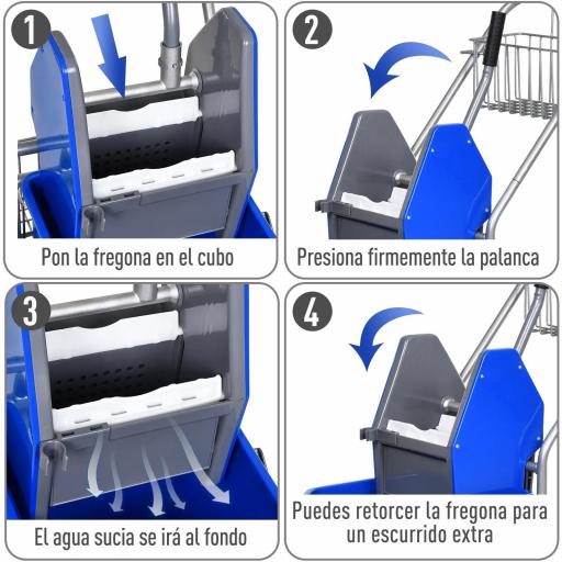 Cubo de Fregona 26 L Cubo Fregado Comercial con Escurridor de Presión Hacia Abajo Ruedas y Cestas de Almacenamiento 73x45x95 cm Azul [4]