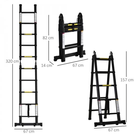 Escalera Telescópica Plagable Multifuncional Estable Marco en A Portátil de 10 Pasos 3 Formas 320x67x7 cm Negro [1]