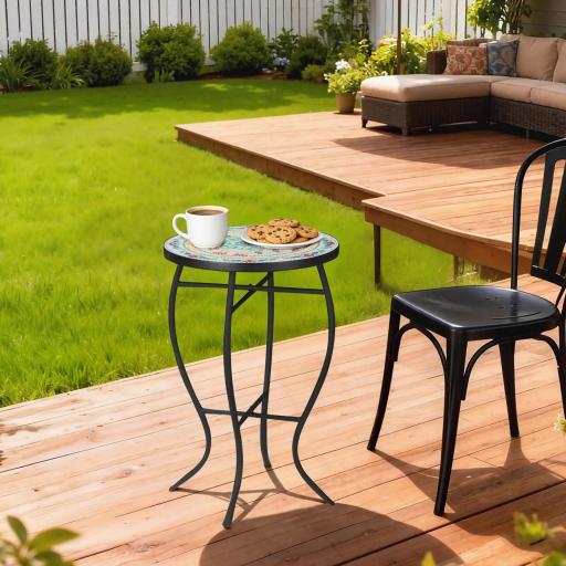 Mesa de Jardín Redonda Mesa Auxiliar de Mosaico con Patas de Metal para Patio Terraza Exterior Balcón Ø35,5x53,5 cm Turquesa