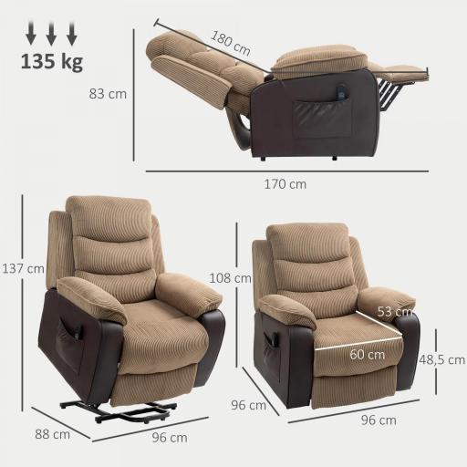 Sillón Relax Reclinable Eléctrico Levanta Personas con Mando a Distancia Puerto USB y Bolsillos Laterales Marrón [2]