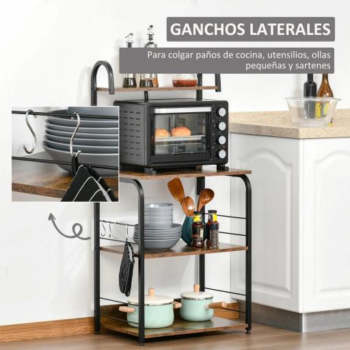 Estantería de Cocina de 4 Niveles con Ganchos Estantería para Microondas 60x40x125 cm Marrón Rústico y Negro [9]