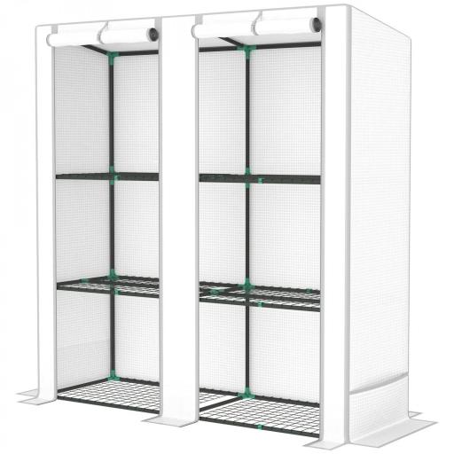 Invernadero de Exterior con Techo Inclinado 3 Estantes 2 Puertas Enrollables y Marco de Acero 144x48x152 cm Blanco [9]