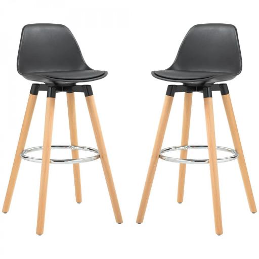 Juego de 2 Taburetes Altos de Cocina 69 cm Tapizado en PU con Respaldo Patas de Madera para Comedor Negro [8]