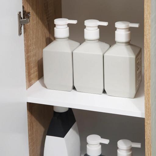 Armario Auxiliar de Baño con 1 Cajón y 1 Puerta Mueble Auxiliar de Baño para Salón Aseo Dormitorio Estilo Moderno Antivuelco 32,6x30x90 cm Blanco y Natural [3]