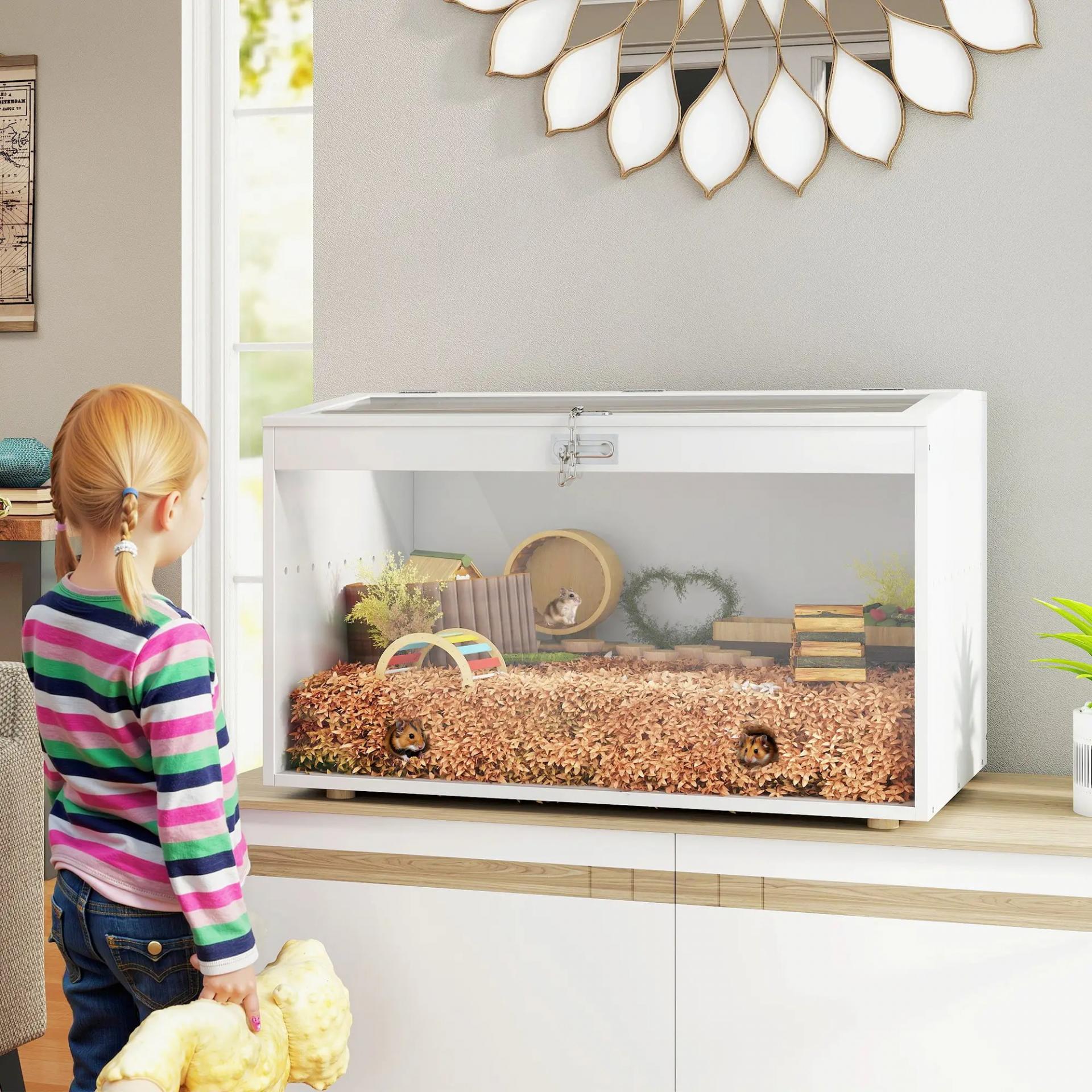 Jaula para Hámster Casa para Animales Pequeños con Tapa Abatible y Ventana de Acrílico Transparente 80x50x50 cm Blanco