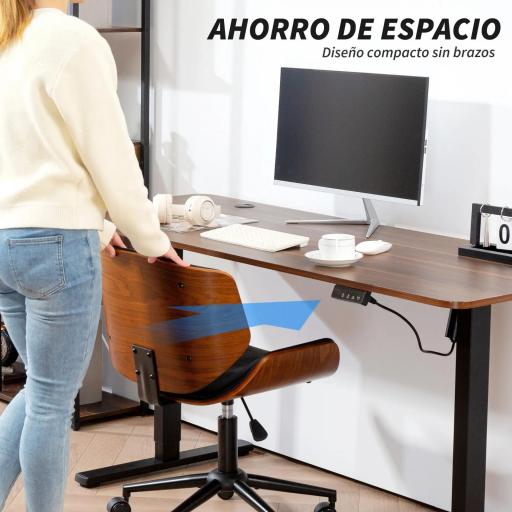 Silla de Escritorio sin Brazos Vintage Giratoria Tapizada en PU Madera Curvada Altura Ajustable Negro y Marrón [2]