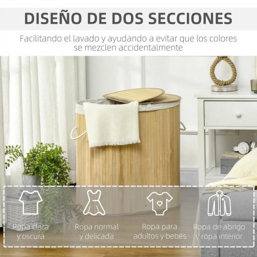 Cesto para Ropa Sucia de Bambú 100L 2 Compartimentos Bolsa Interior Extraíble y Lavable 62,5x37x60,5 cm Natural [6]