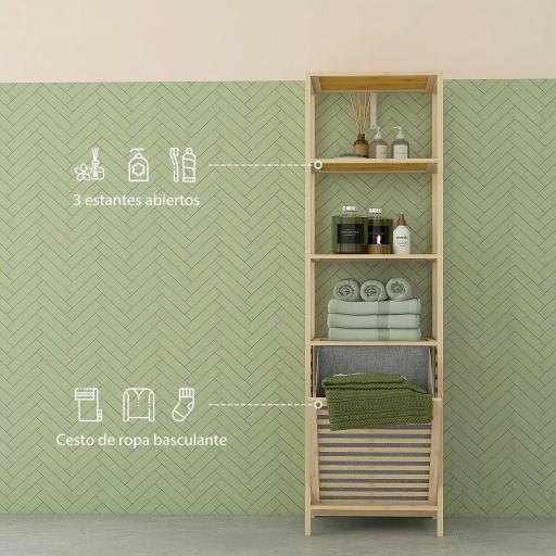 Estantería de Almacenaje Mueble de Baño con 3 Estantes y 1 Cesto para Ropa Sucia Desmontable 44x33x160 cm Natural [4]